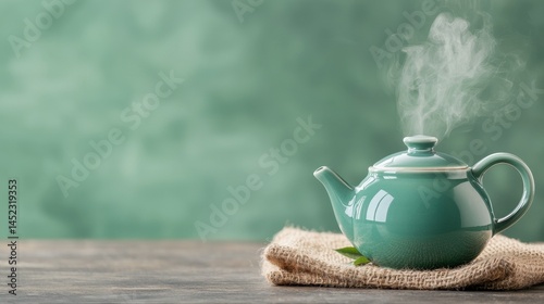A vintage green teapot emits steam, resting on a textured cloth. The calming scene evokes a sense of warmth and relaxation, perfect for cozy moments over a cup of tea.