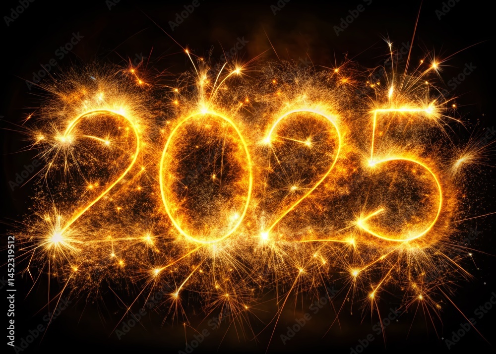 Happy New Year 2025: Sparkling Burning Text on Black Background - Holiday Greeting Card Design Happy New Year 2025: Sparkling Burning Text on Black Background - Holiday Greeting Card Design
