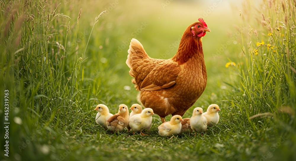 Fototapeta premium Protective Golden Hen Surrounded By Pastel Chicks in Sunlit Meadow With Soft Focus Portrait Perfect for Decoration