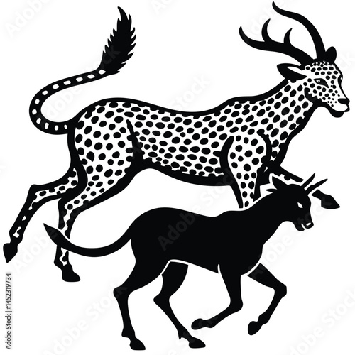 Antique Mythical Creature Illustration: Leaping Pard with Antlers Chasing Unicorn
