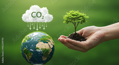 Hand holding soil with small tree sapling next to Earth globe against green background with CO2 cloud raining water drops. Carbon capture, climate solution, environmental regeneration, carbon sequestr