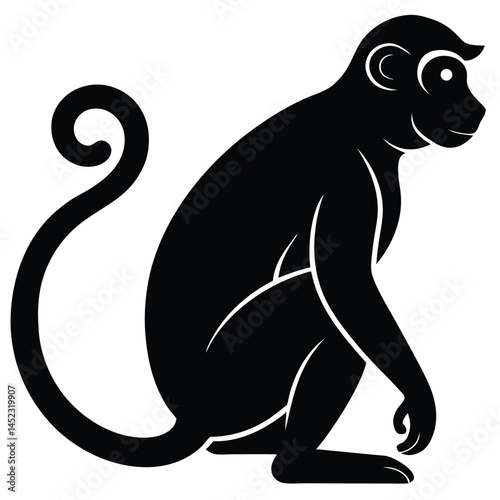 Silhouette vector of a monkey sitting, depicting a chimpanzee primate in black and white