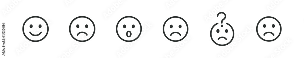 Diverse facial expressions icons set: happy, sad, surprised, confused. Vector outline icons Diverse facial expressions icons set: happy, sad, surprised, confused. Vector outline icons