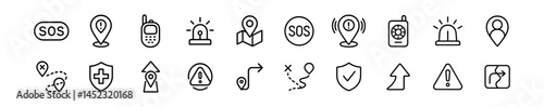 Emergency and navigation icons. SOS map alert vector outline icons