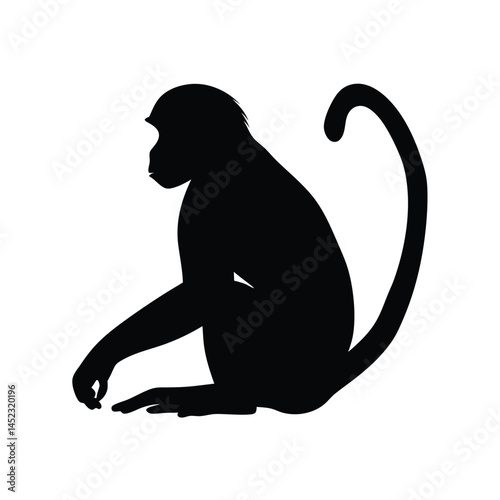 Silhouette vector of a monkey sitting, depicting a chimpanzee primate in black and white