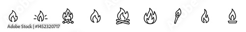 Set of fire icons: flames, campfire, torch, candle