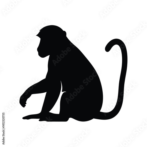 Silhouette vector of a monkey sitting, depicting a chimpanzee primate in black and white