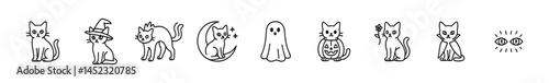 Cute halloween cat illustrations in line art style. Vector outline icons