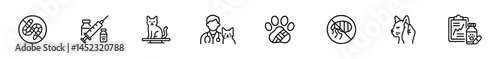 Pet healthcare icons: medicine, vaccination, veterinary care. Vector icons