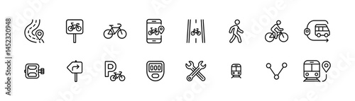 Transportation icons: road, bike, pedestrian, transit symbols. Vector icons