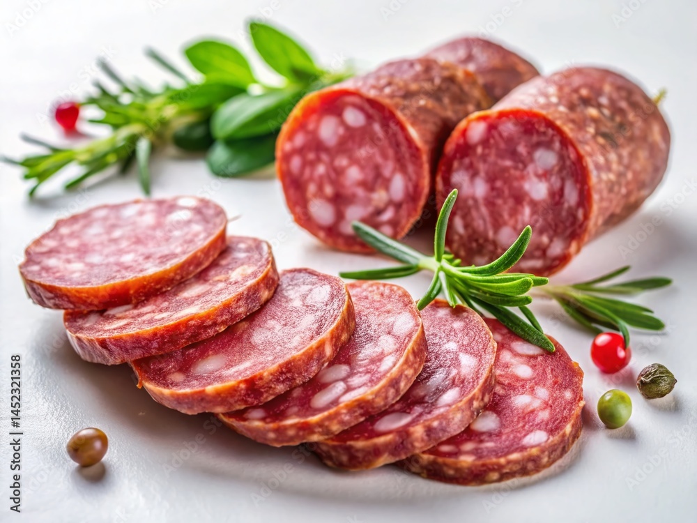 High-Resolution Photo: Slices of Salami Sausage on White Background High-Resolution Photo: Slices of Salami Sausage on White Background