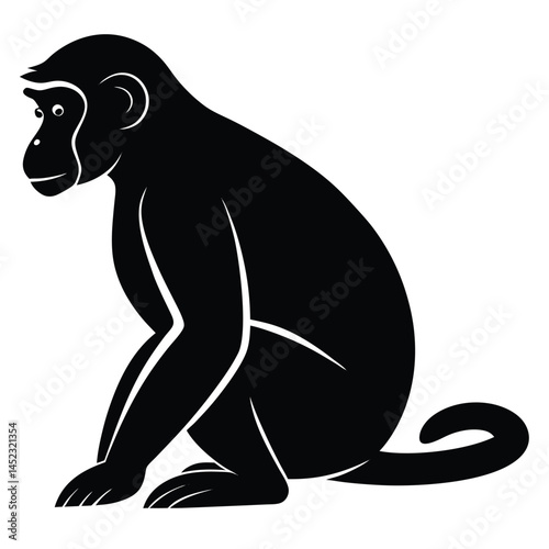 Silhouette vector of a monkey sitting, depicting a chimpanzee primate in black and white