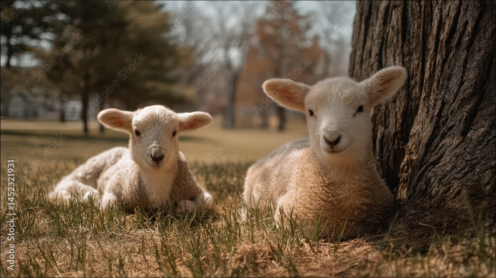 Two adorable lambs relax under a tree, basking in the warm spring sun. Their fluffy coats and calm demeanor create a serene atmosphere in the meadow Two adorable lambs relax under a tree, basking in the warm spring sun. Their fluffy coats and calm demeanor create a serene atmosphere in the meadow