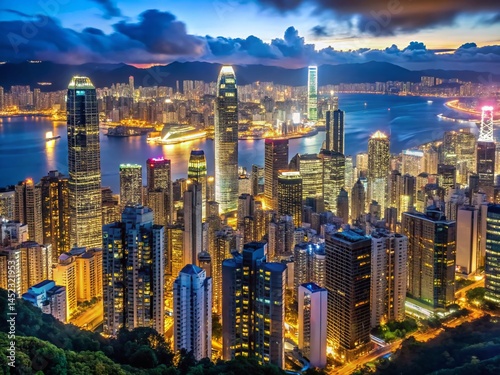 Hong Kong Night Skyline: Victoria Peak View, Stunning Cityscape, Skyscrapers, Urban Panorama