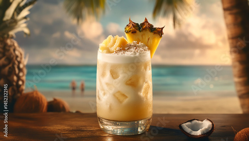 A tropical piña colada cocktail with coconut and pineapple garnish, set against the backdrop of an exotic beach scene