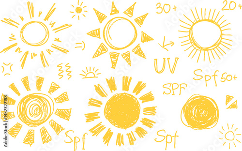 vector sun, children's illustration hand drawn imitation pencil SPF UV protection