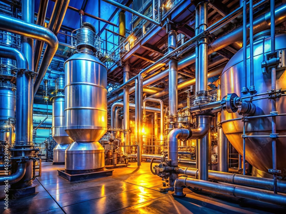 Industrial Chemical Tank Farm: Close-Up of Pipes & Safety Valves