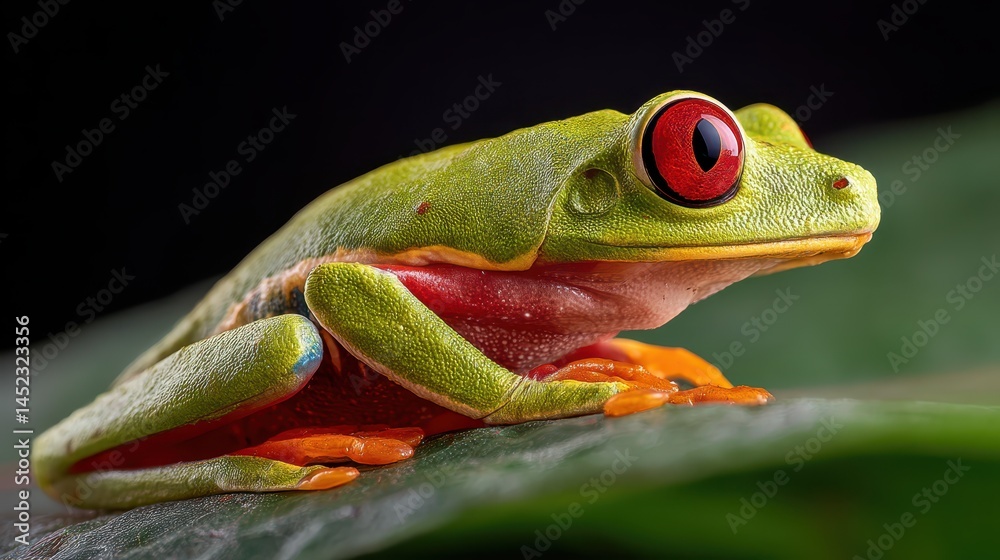 Obraz premium A red-eyed tree frog is perched on a lush green leaf in a dense tropical rainforest