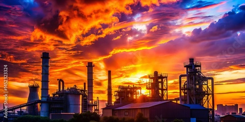 Industrial Sunset: Silhouetted Factory at Golden Hour, Copy Space