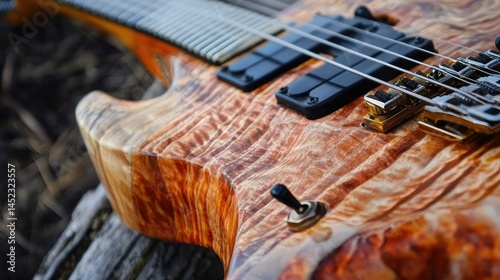 Close-up view of a custom-made bass guitar.