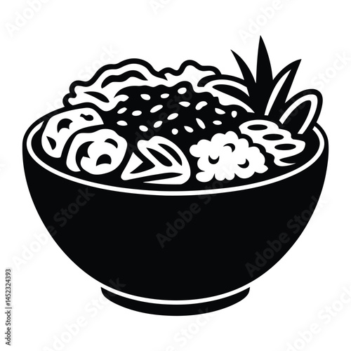 Hawaiian poke bowl Silhouette, Vector, Icon, Logo, White Background.