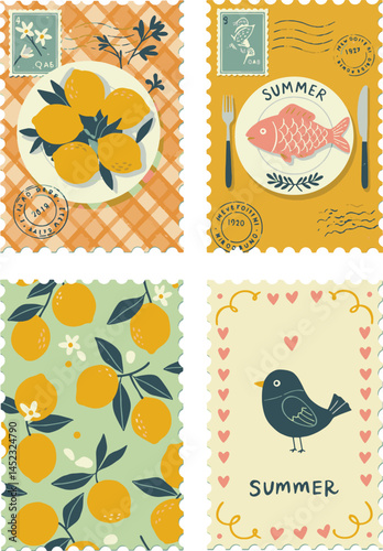 A vibrant Mediterranean illustration featuring lemons, fish, sea motifs, and colorful patterns inspired by Amalfi Coast summers, blending hand-drawn and stylized elements in blue. italian amalfi 