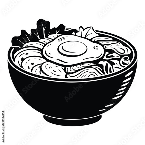 Korean bibimbap bowl Silhouette, Vector, Icon, Logo, White Background.