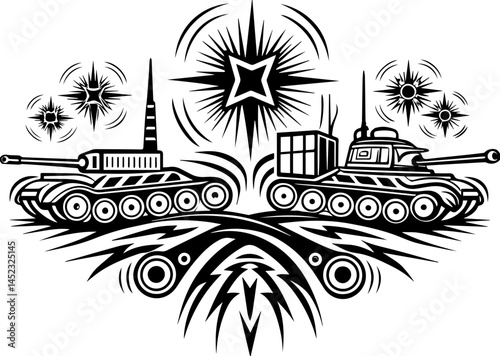 SVG showing cyber threats impacting energy security. Military Tanks in Battle on Energy Threats Abstract Background