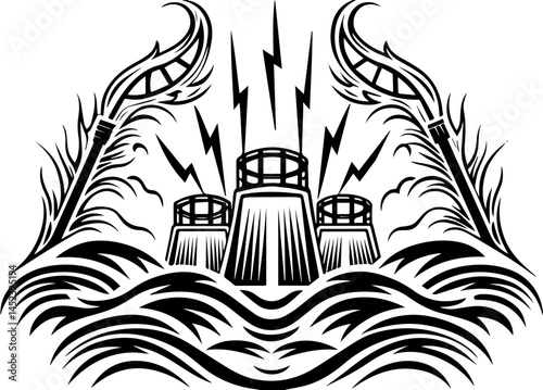 SVG showing cyber threats impacting energy security. Energy Facility with Threats of Lightning and Water Waves Art