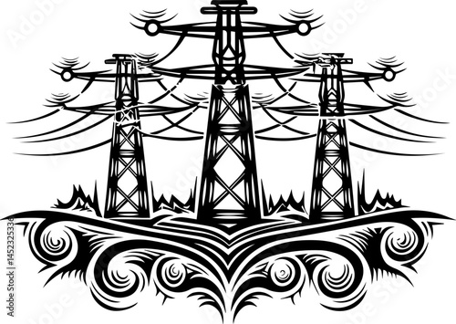 SVG showing cyber threats impacting energy security. Power Lines and Energy Infrastructure Graphic Design Illustration
