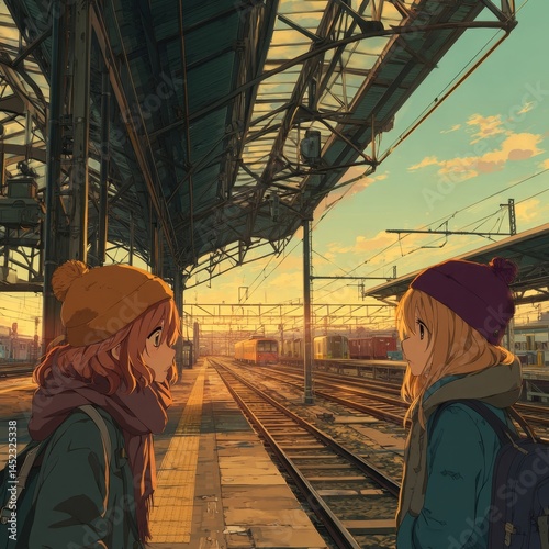 Two Friends at Train Station Watching Sunset Together in Winter