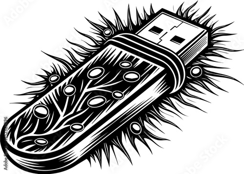 SVG showing cyber threats impacting energy security. USB Flash Drive Design with Organic Elements and Threatening Vibes