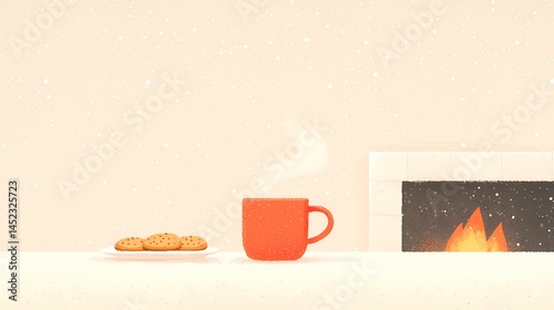 Cozy Winter Scene, Hot Drink and Cookies by Fireplace, Warm beverage and cookies near a fireplace. Winter comfort.
