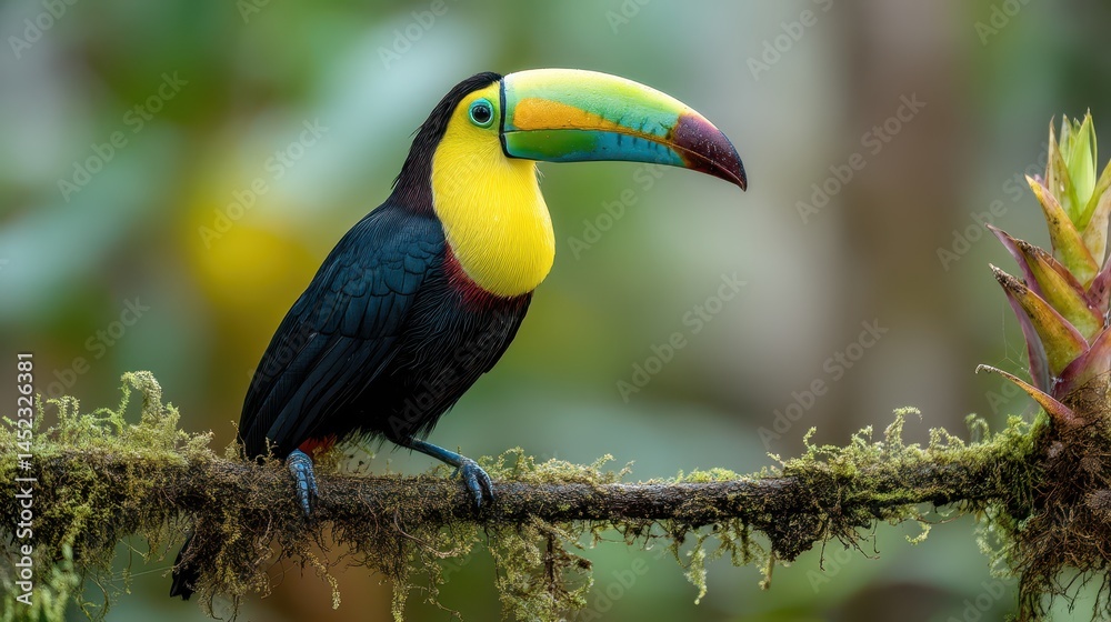 Obraz premium A vibrant toucan with a striking yellow, green, and black plumage rests on a moss-covered branch surrounded by dense foliage. The bird enjoys the warm midday sun, creating a serene atmosphere