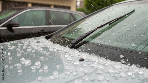 Hailstones cover parked cars as a hailstorm hits, with raindrops and ice visible on windshields and hoods.