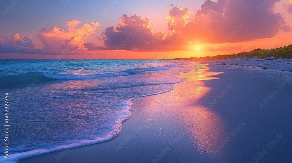 Fototapeta premium Serene Sunset Beachscape: A Breathtaking Coastal Panorama at Golden Hour