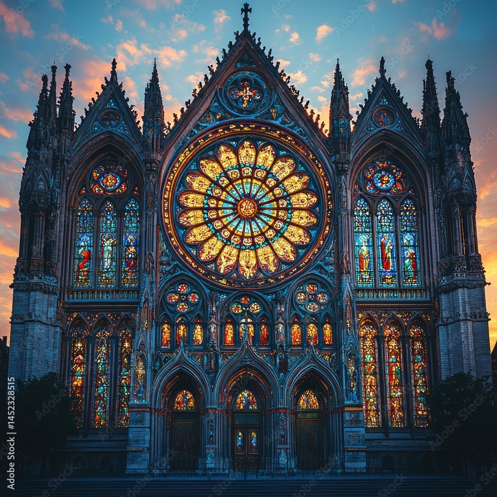 Fototapeta premium Majestic cathedral facade at sunset, featuring vibrant stained glass windows and intricate architectural details
