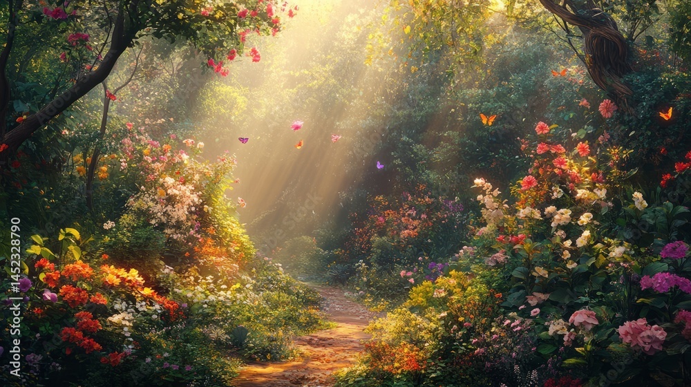 Magical sun beams in fairy-tale coniferous forest landscape nature Magical sun beams in fairy-tale coniferous forest landscape nature