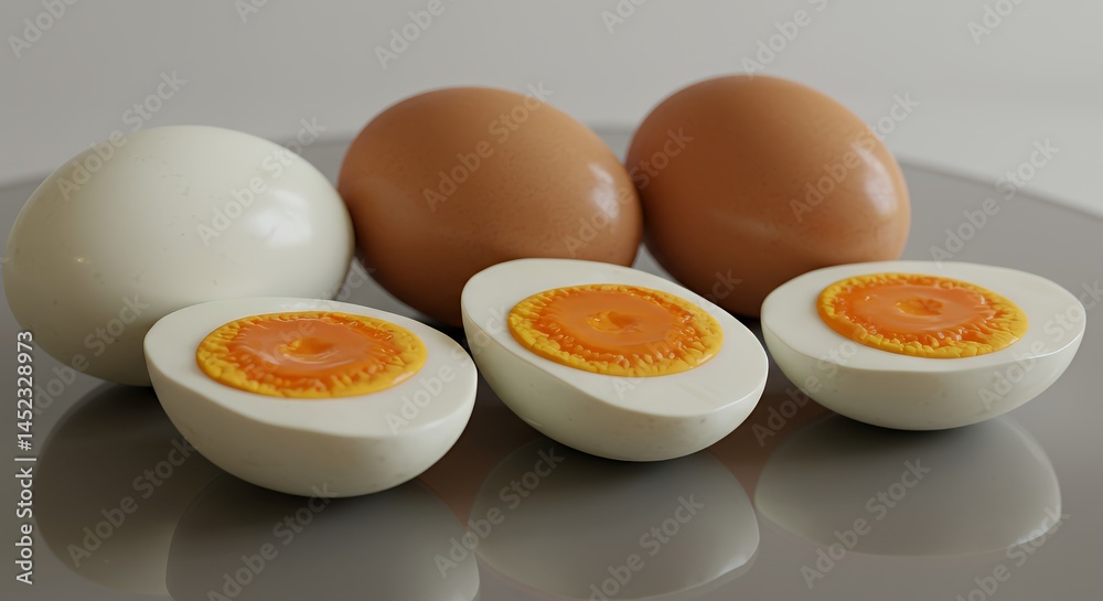 Assortment of Whole and Sliced Boiled Eggs Displaying Brown and White Shells with Vibrant Yolks Reflecting on Gray Surface Highlighting Simplicity and Nutritional Value Assortment of Whole and Sliced Boiled Eggs Displaying Brown and White Shells with Vibrant Yolks Reflecting on Gray Surface Highlighting Simplicity and Nutritional Value