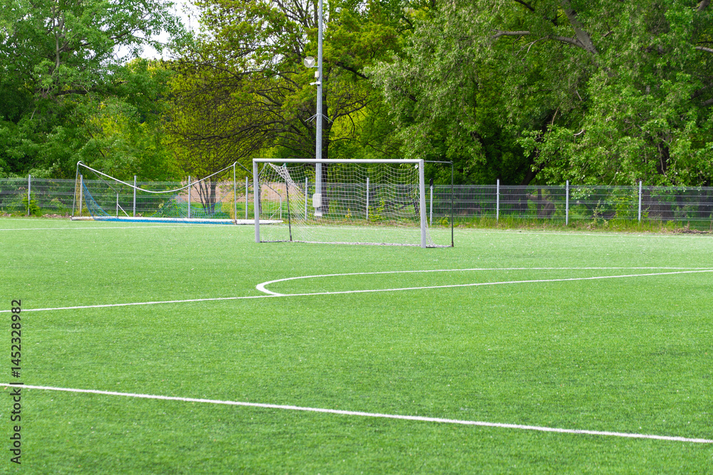 Fototapeta premium Empty soccer field with goal on green artificial grass with trees