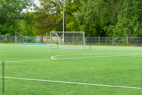 Wallpaper Mural Empty soccer field with goal on green artificial grass with trees Torontodigital.ca