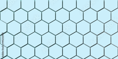 Seamless blue hexagonal tile pattern shows a geometric honeycomb structure with a metallic texture vector design, ideal as wallpaper art
