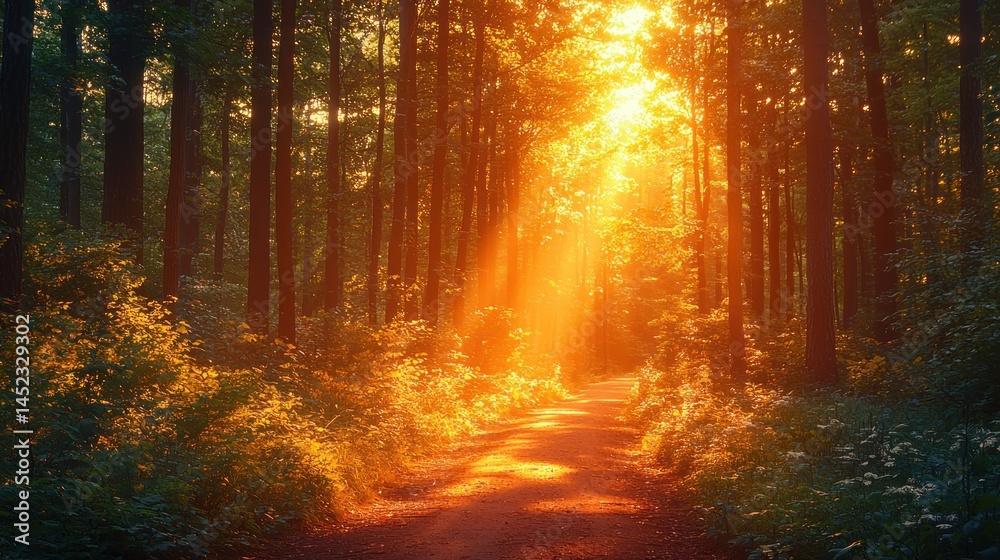 Obraz premium Golden Sunlight Path Through Woods