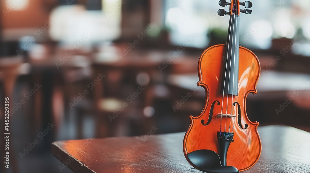 Fototapeta premium Violin on a Table in a Cafe