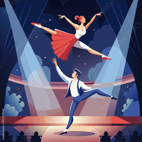 A man and a woman are performing a circus act. The man is holding the woman up in the air