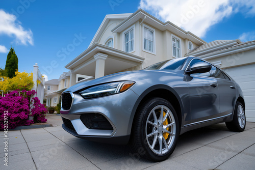 Modern new fictional SUV car parked in the driveway of a private house in summer suburb