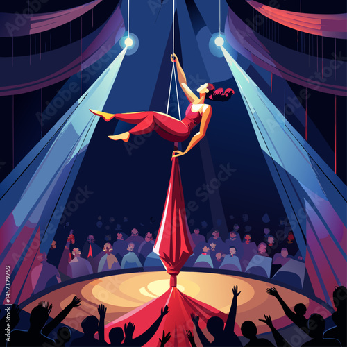 A woman is performing a trapeze act in front of a crowd. The audience is watching her intently, and the atmosphere is lively and exciting