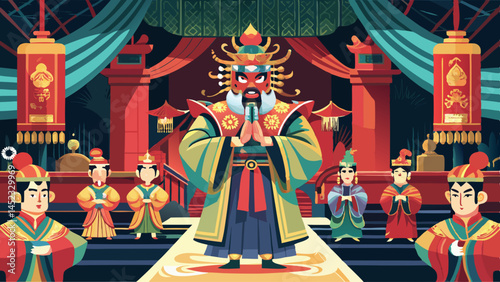 A colorful illustration of a group of people dressed in traditional Chinese clothing, with one man wearing a mask and holding a sword. The scene appears to be set in a theater or performance space