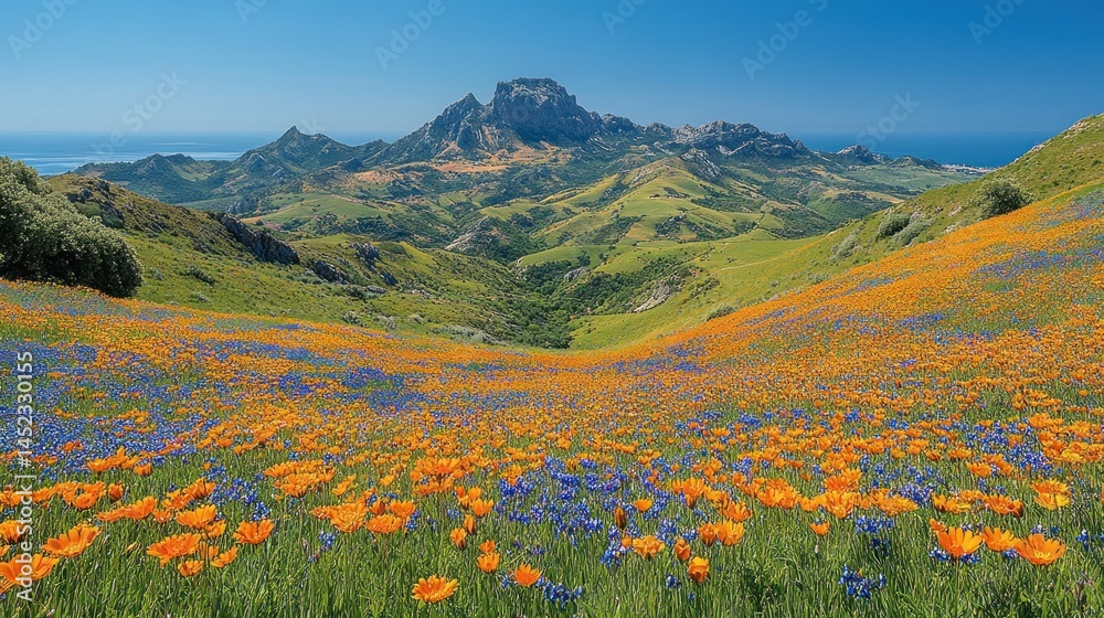 Fototapeta premium Serene Mountain Meadow: A Panorama of Orange and Blue Wildflowers