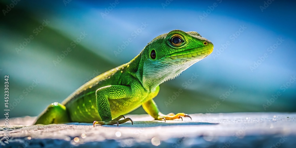 Fototapeta premium Low Light Lizard Photography: Green Reptile on White Background